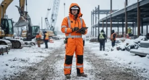 Full-body shot of a professional wearing an OSHA-compliant hi-vis heated body suit in the snow.