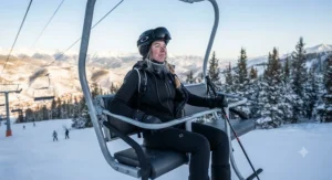 A skier staying comfortably warm on a snowy chairlift while wearing a battery heated body suit for skiing.