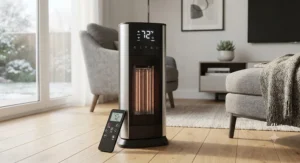 A digital smart infrared heater featuring a remote control and LED thermostat display.