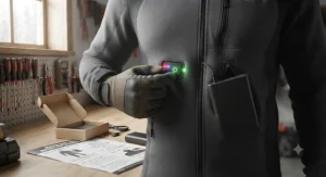 Checking the LED indicator light after finishing a heated body suit battery replacement.
