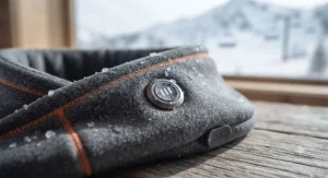 Detailed view of the temperature control button on a heated neck wrap for skiing.
