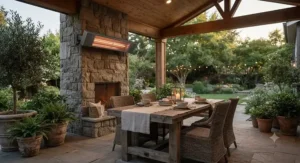 Wall-mounted infrared heater for covered patio providing warmth to a backyard dining table.