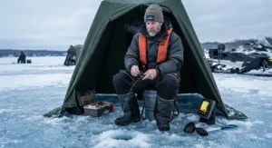 Angler ice fishing while zipped up in a rugged, waterproof battery heated body suit