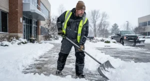Worker shoveling snow on a commercial property wearing a waterproof heated body suit for work.