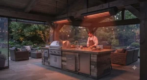 Weatherproof infrared heater for covered patio providing directional heat over an outdoor kitchen island.