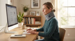 A woman working at a computer in a home office while wearing a cordless rechargeable heated neck wrap for targeted pain relief.
