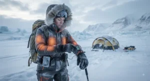 A woman adjusting the settings on her heated body suit before a polar camping hike.