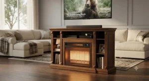 A stylish wooden cabinet design of the best portable infrared heater acting as a TV stand accent.