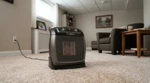 An air-moving high velocity heater fan drying out a finished basement space.