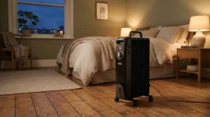 The best ceramic heater operating safely on a wooden floor in a warmly decorated bedroom.