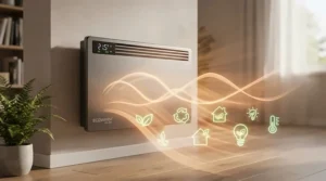 An infographic style illustration highlighting energy efficiency features of the best ceramic heater.