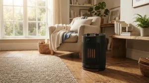 A sleek, modern best ceramic heater warming up a cozy living room during winter.