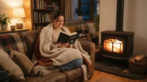 A person relaxing comfortably on a sofa with a warm blanket near the best ceramic heater.