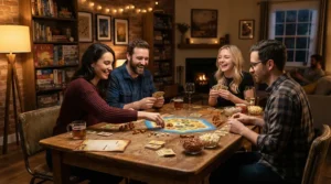 Friends playing board games together in a cozy recreation room featuring the best forced air heater.