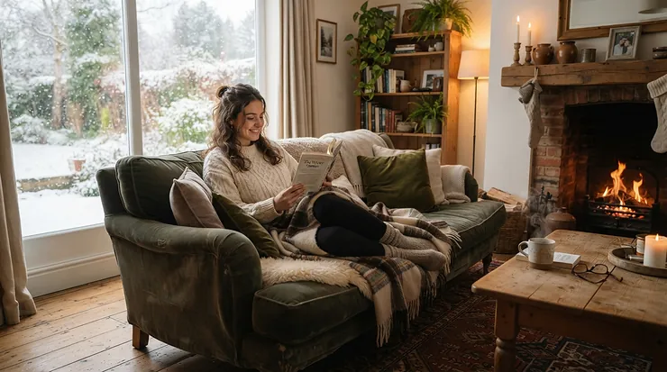 A homeowner relaxing on a couch in a cozy living room while using the best forced air heater on a cold winter afternoon.