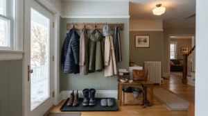 Warming up winter coats and boots in a spacious family entryway using the best forced air heater.