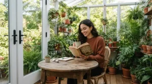 Enjoying morning coffee in a glass sunroom kept comfortable by the best forced air heater during chilly weather.