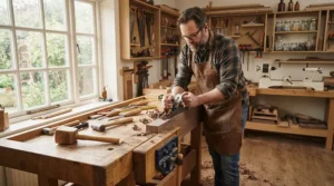 A DIY enthusiast working on a wooden project with the best forced air heater keeping the workshop warm.