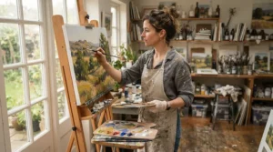An artist painting a canvas in a bright creative studio warmed by the best forced air heater.