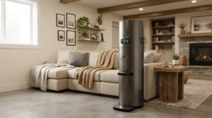 Portable radiator warming a finished basement workspace efficiently