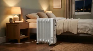 Safe, quiet column thermal unit warming a master bedroom overnight