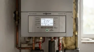 Close-up of a digital control panel on an efficient oil heater for large spaces.