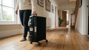 A wheeled oil-filled space heater being moved easily across a hallway.