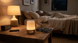 Compact best oscillating ceramic heater on a nightstand in a cozy American bedroom