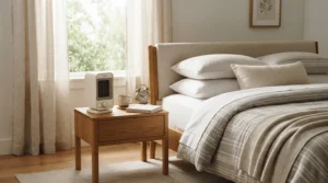 Compact best oscillating ceramic heater placed safely on a bedside nightstand on a chilly morning.