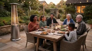 Family members enjoying evening conversations near the best outdoor pellet patio heater on a stone patio.