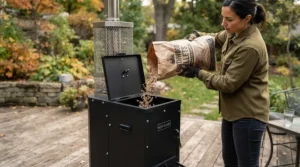 Checking the fuel hopper capacity of the best outdoor pellet patio heater before a backyard dinner party.