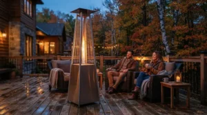 The best outdoor pellet patio heater providing cozy warmth on a suburban backyard wooden deck during autumn.