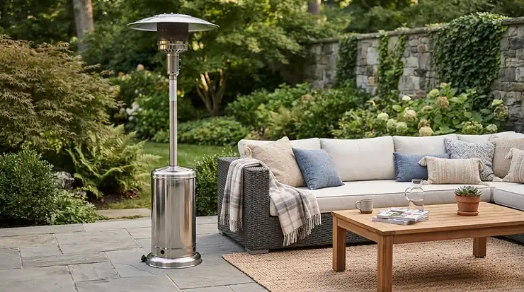 Side profile view of the best outdoor pellet patio heater positioned beside modern patio furniture.