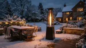 Winter evening entertaining made comfortable with the best outdoor pellet patio heater on a residential terrace.