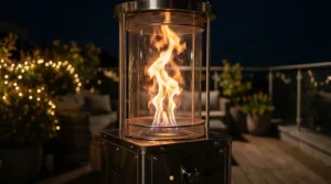 A glowing flame visible inside the best outdoor pellet patio heater during a cool evening gathering on a patio.