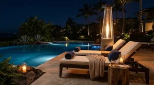 A poolside lounge area heated effectively by the best outdoor propane heater at night.