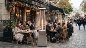 A restaurant patio utilizing the best outdoor propane heater to keep diners comfortable in cooler weather.