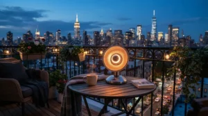 A compact tabletop model of the best outdoor propane heater on a small balcony bistro table.