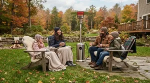 A family relaxing together in Adirondack chairs using the best outdoor propane heater.