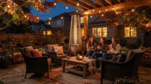 The best outdoor propane heater warming a cozy suburban backyard patio setup with string lights at dusk.