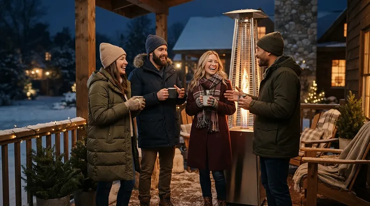 Friends celebrating the holidays outside with the best outdoor propane heater providing ample warmth.
