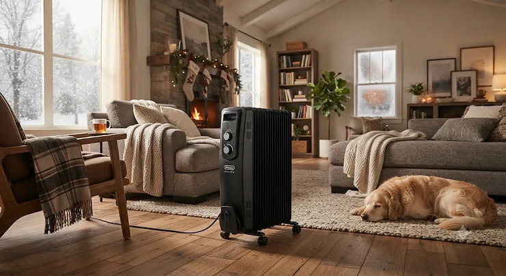 A modern portable oil heater warming a cozy living room during winter.