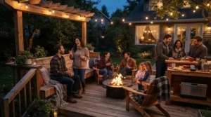 Friends gathered around a patio table powered by the best portable propane heater for chilly autumn evenings.