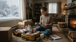 A homeowner relying on the best portable propane heater during a winter power outage emergency.