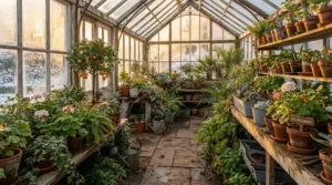 A gardener protecting plants from frost by placing the best portable propane heater inside a backyard greenhouse.