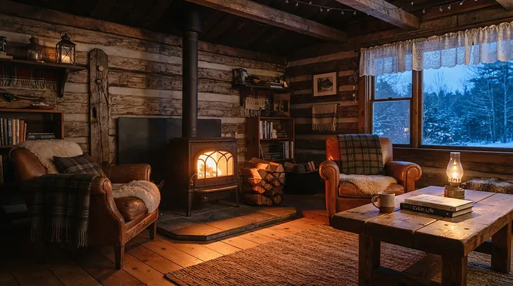 A cozy evening setup featuring the best portable propane heater providing off-grid propane warmth in a wooden cabin.