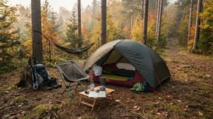 Campers testing camp heater fuel efficiency with the best portable propane heater on an autumn weekend.