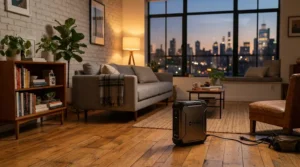 Urban apartment resident relaxing on a couch with the best quiet fan heater providing cozy airflow