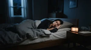 Woman sleeping peacefully at night with the best quiet fan heater running nearby on a nightstand