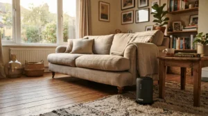 Cozy living room setup showing the best quiet fan heater warming a modern apartment during winter